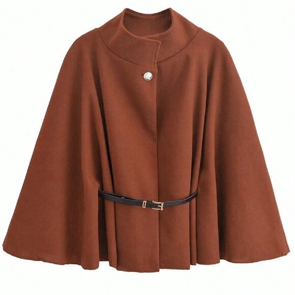 Brown Elegant Womens Stand Collar Loose Poncho Cloak Jacket - Picture 4 of 5